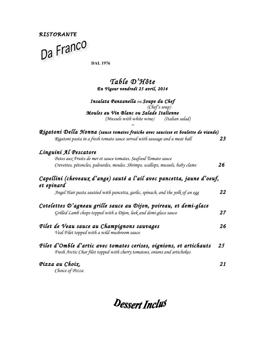 Menu Table d'hôte