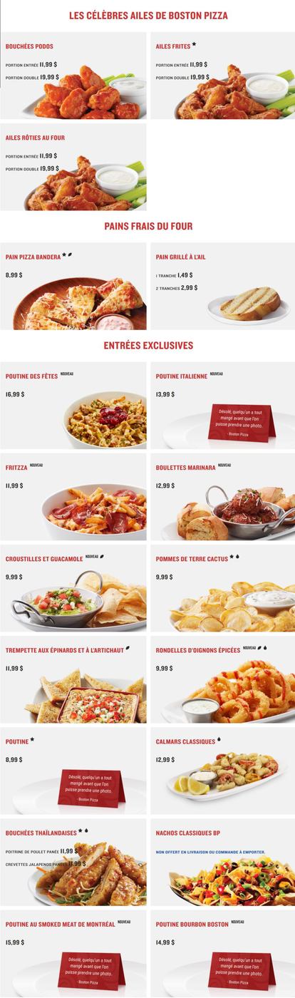 Boston Pizza Menu
