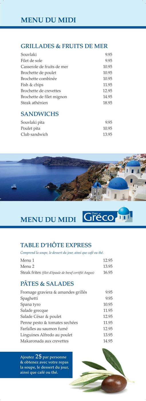 Menu Restaurant Chez Greco Midi