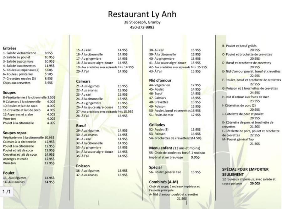 take out/delivery menu