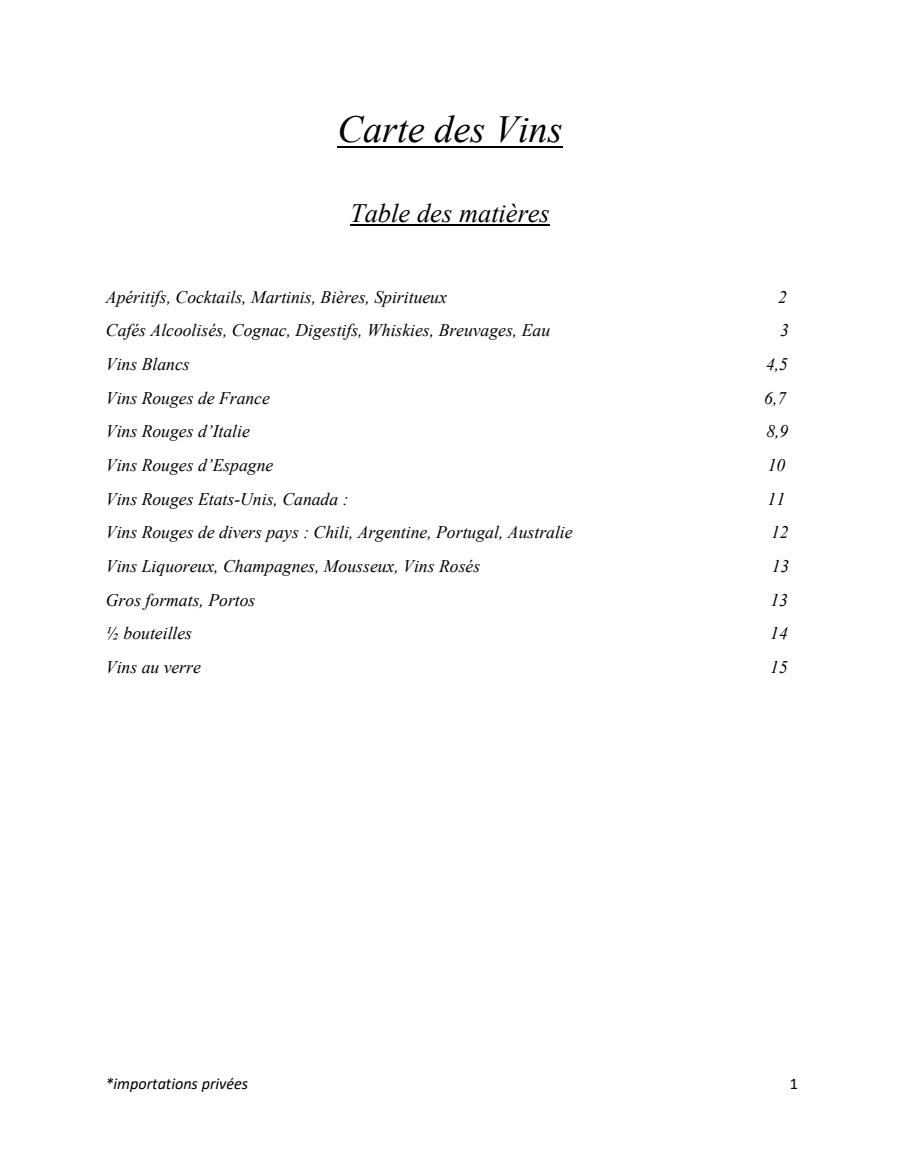 Carte des vins