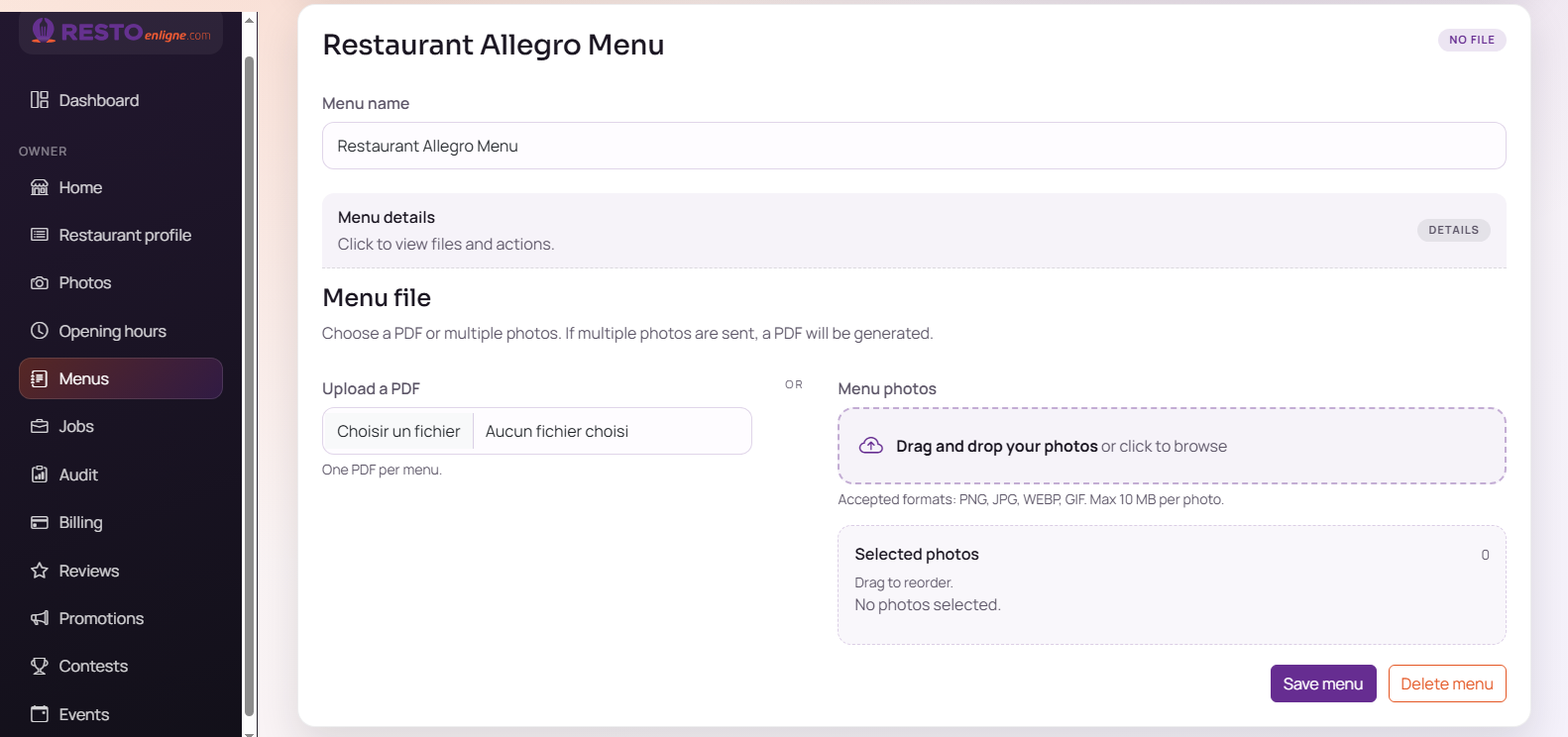 Online menus management
