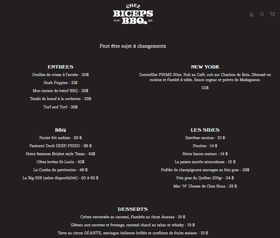 Menu Chez Biceps BBQ