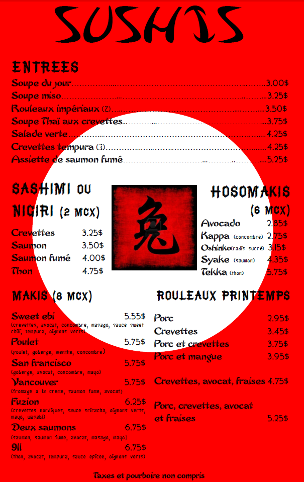 Menu Sushis Brûlerie d'Estimauville