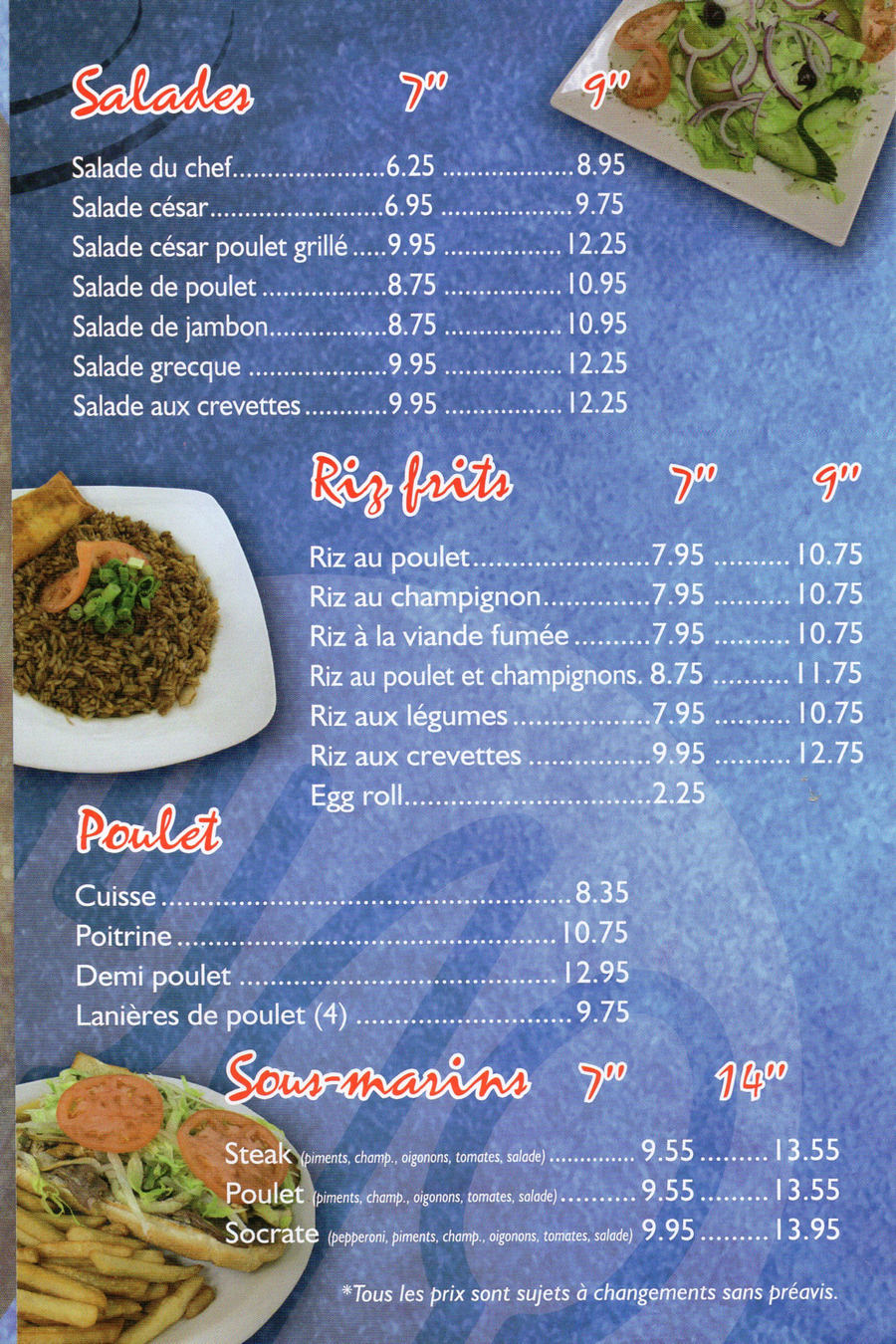 salades riz poulet sous-marins