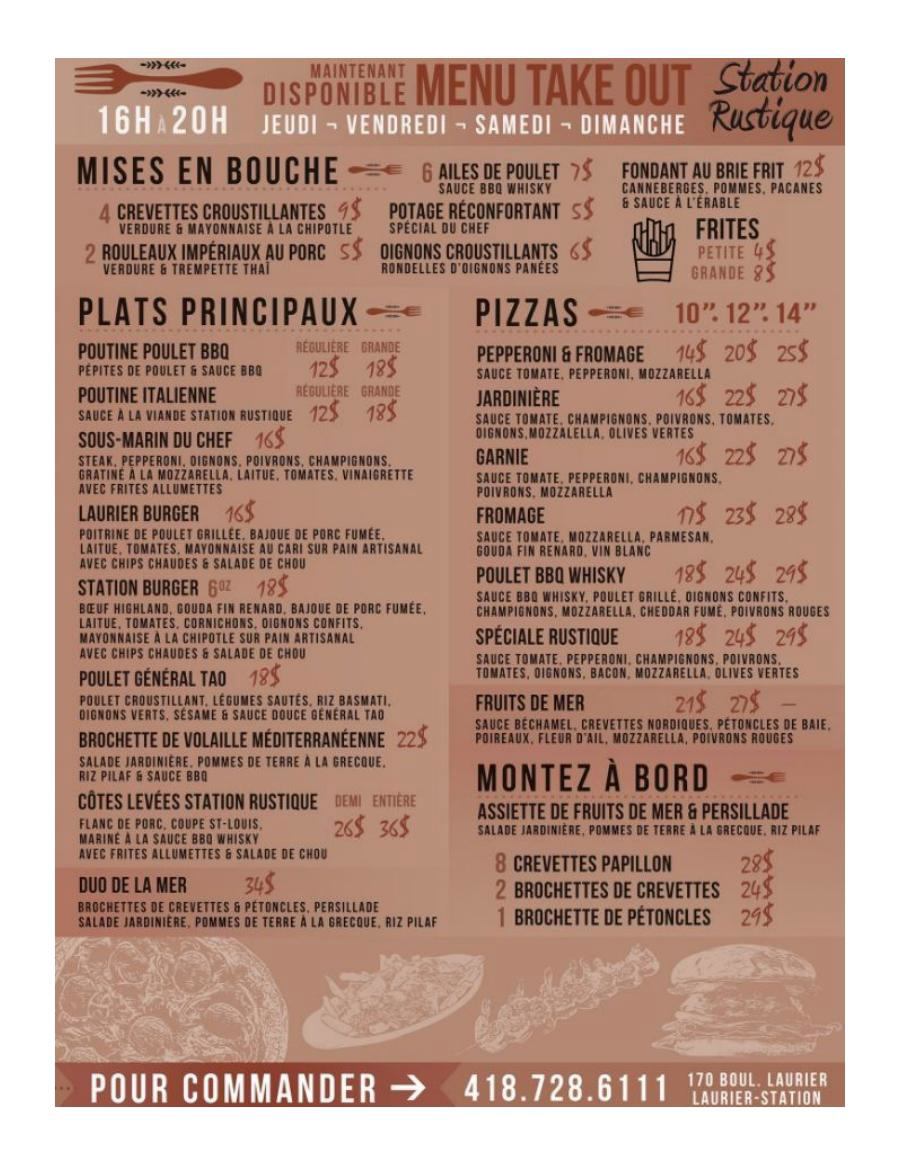 Menu pour emporter