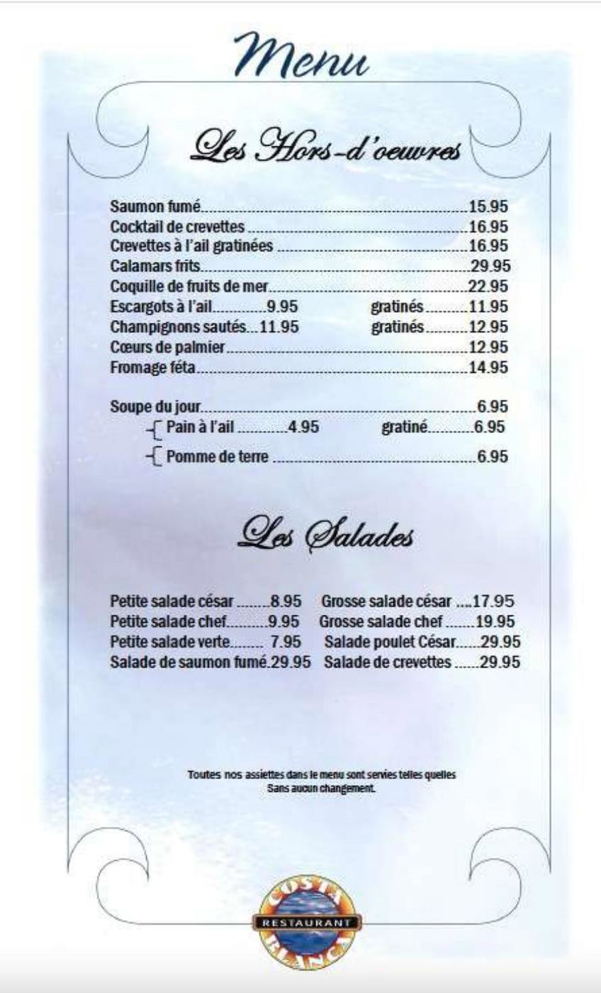 Menu Costa Blanca