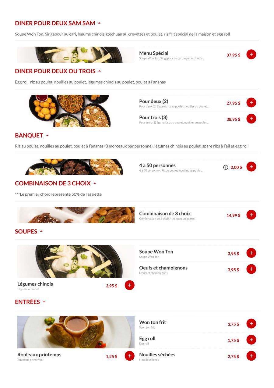 Menu français Restaurant Sam Sam