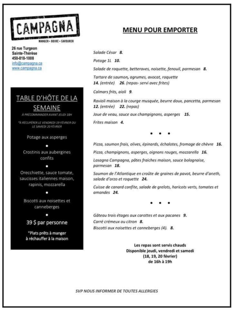 Menu à emporter