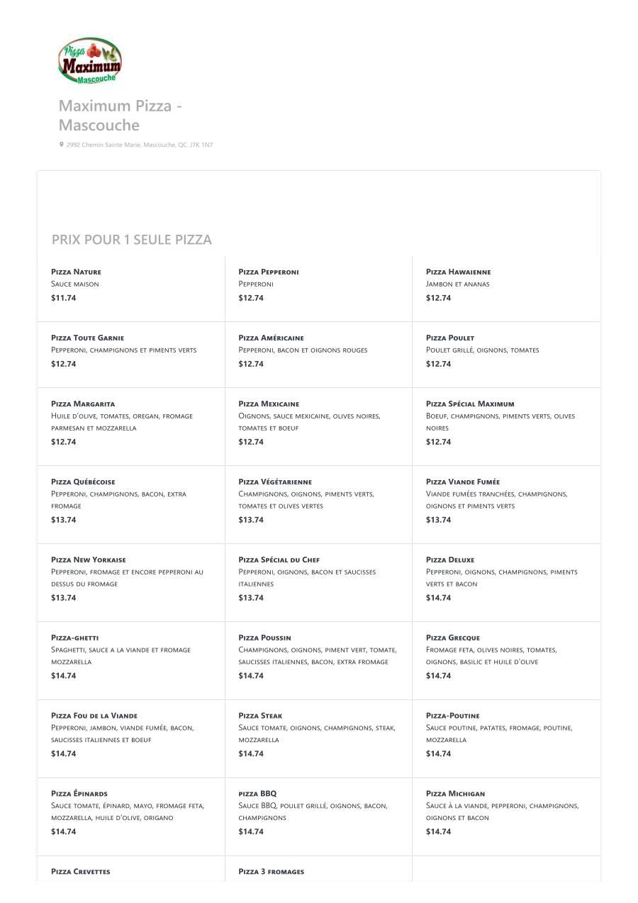 Menu Maximum Pizza