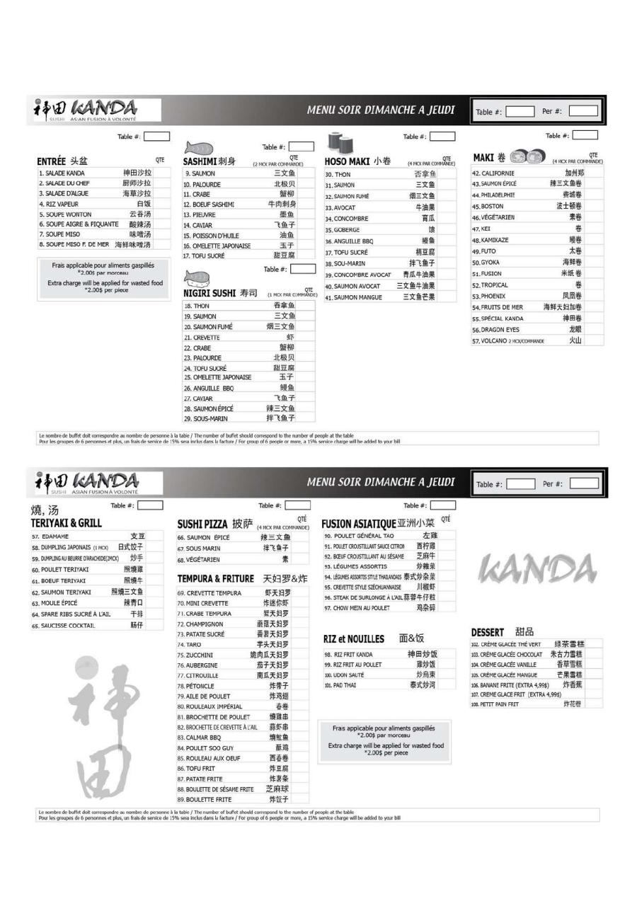 Menu Kanda Sushi Laval Soir
