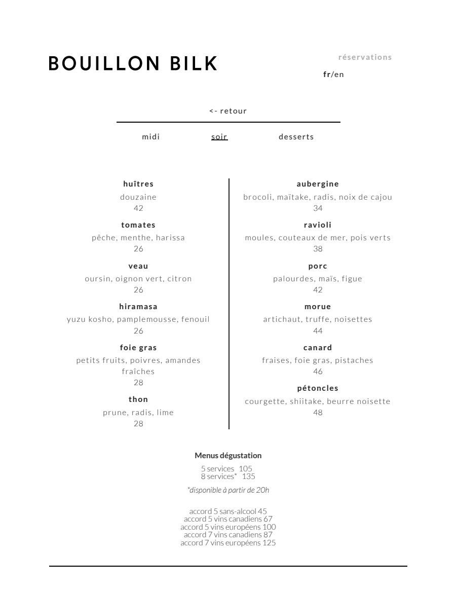 Menu soir Bouillon Bilk