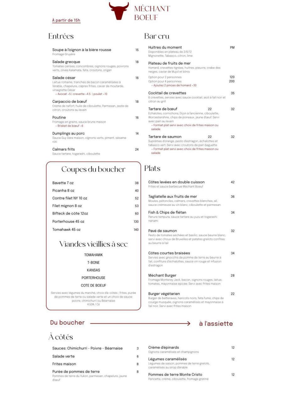 Menu soir Restaurant Méchant Boeuf