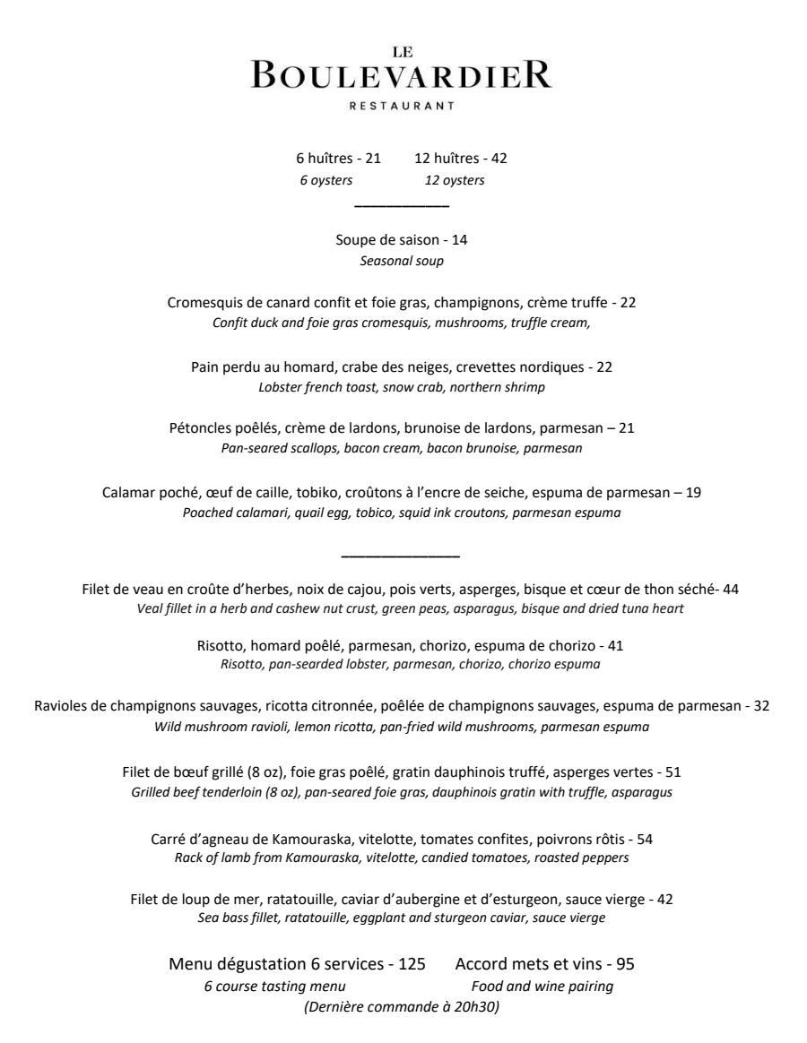 Menu soir Le Boulevardier Restaurant