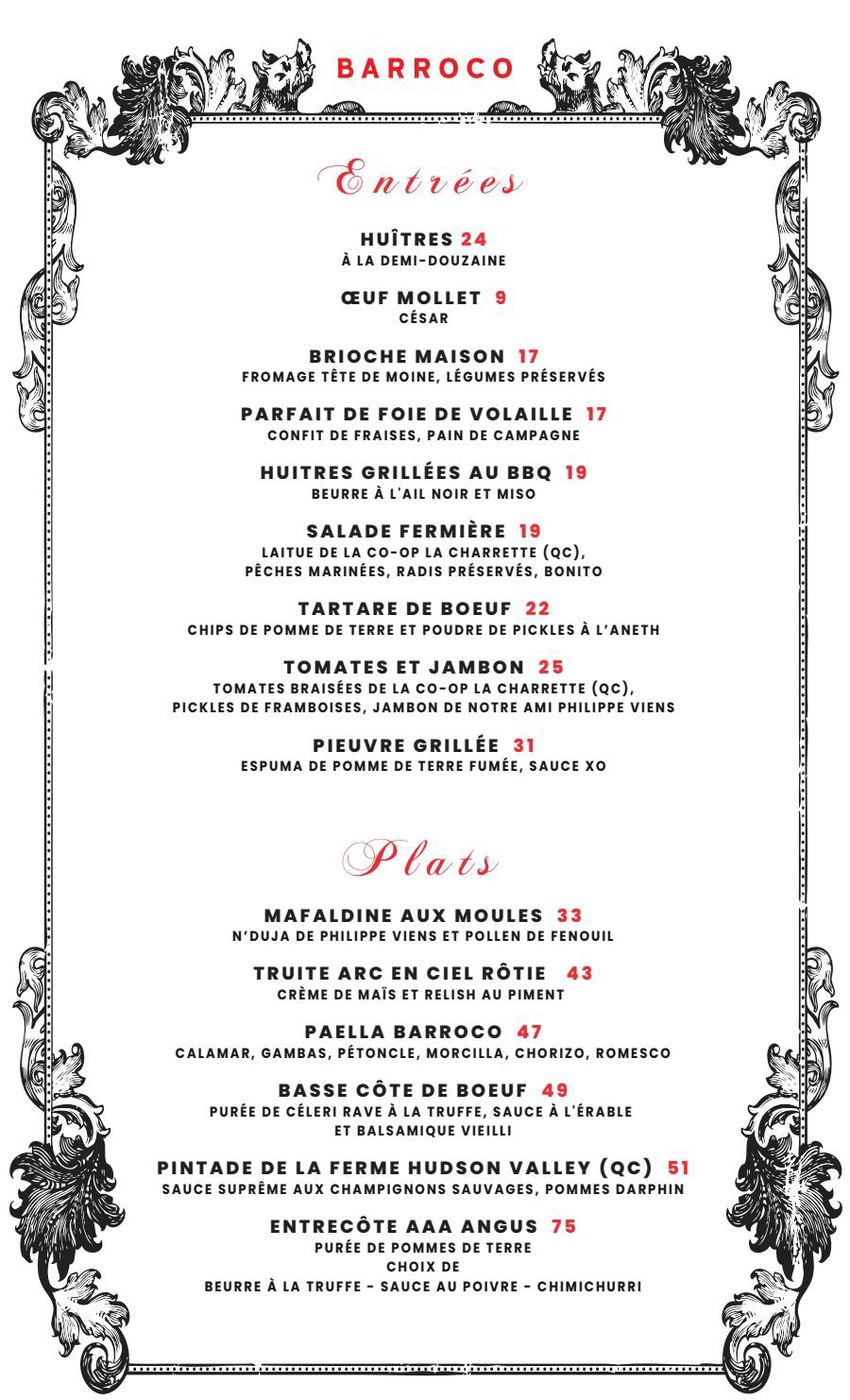 Menu soir BARROCO