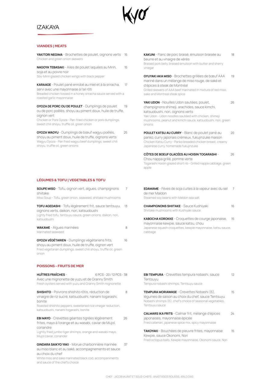 Menu soir Kyo Bar Japonais