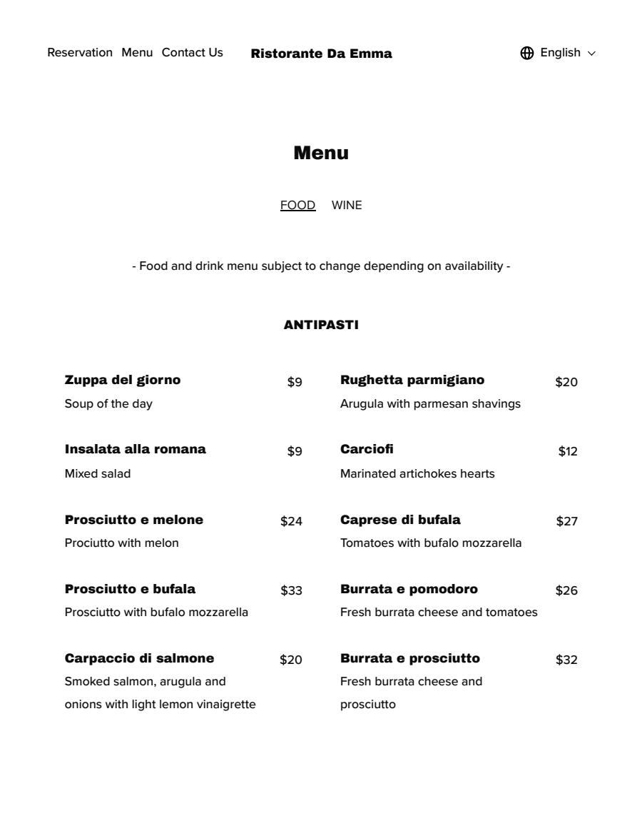 Menu Restaurant Da Emma