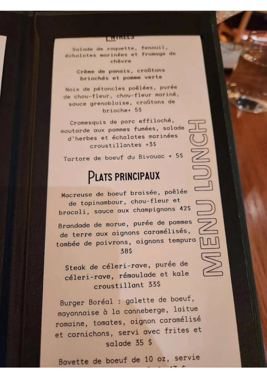 Menu Restaurant Bivouac