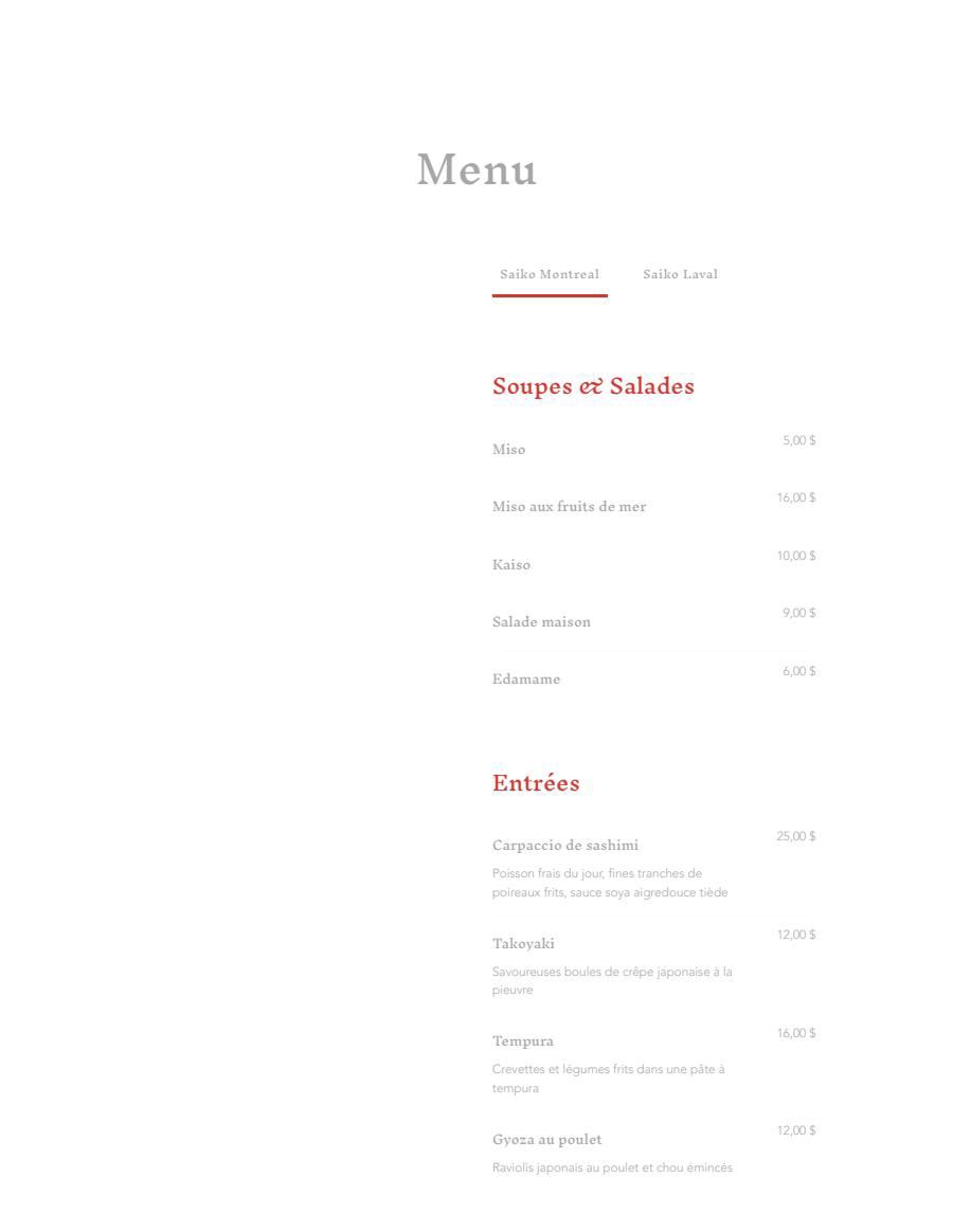 Menu Saiko Bistrot Izakaya