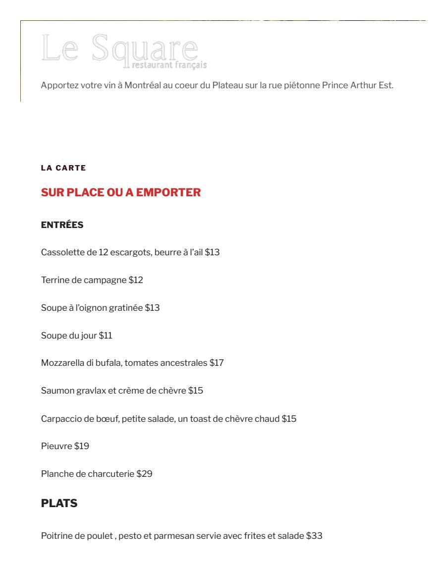 Menu à la carte Le Square