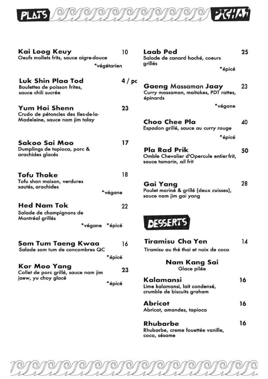 Menu Pichai - Restaurant Thai