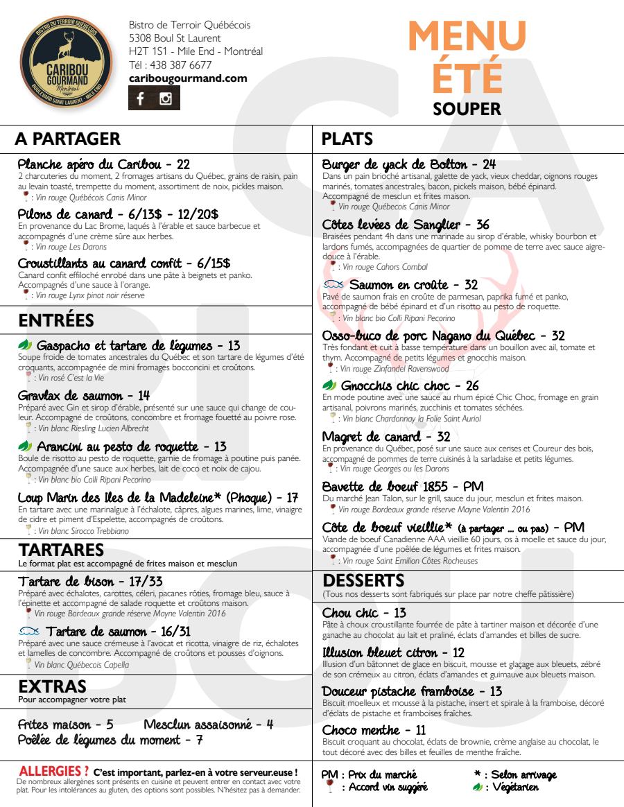 Menu souper Caribou Gourmand