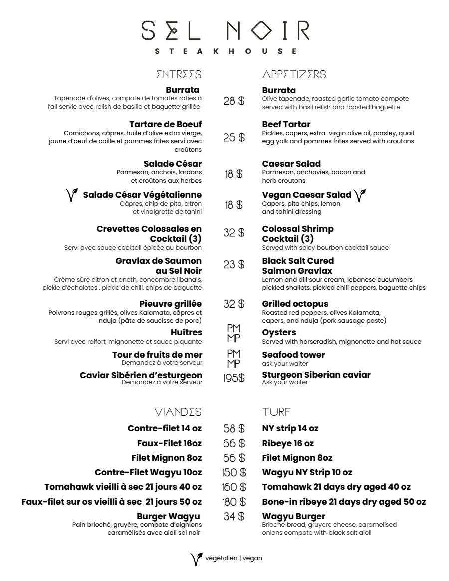 Menu Sel Noir Steakhouse