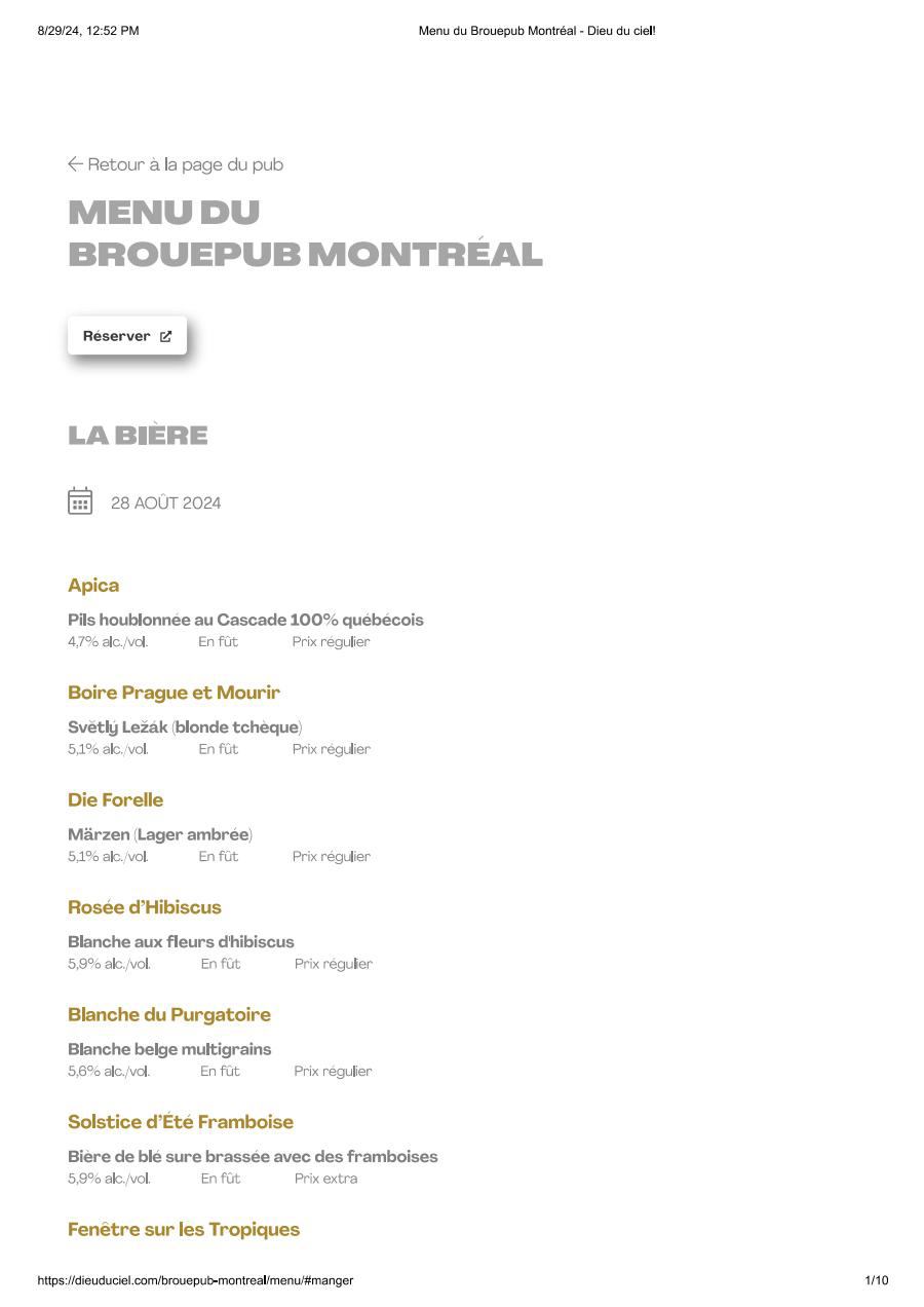 Menu Dieu du Ciel! - Brasserie / Brouepub Montréal