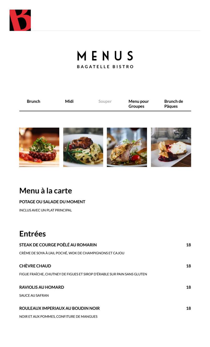 Menu souper Restaurant Bagatelle Bistro