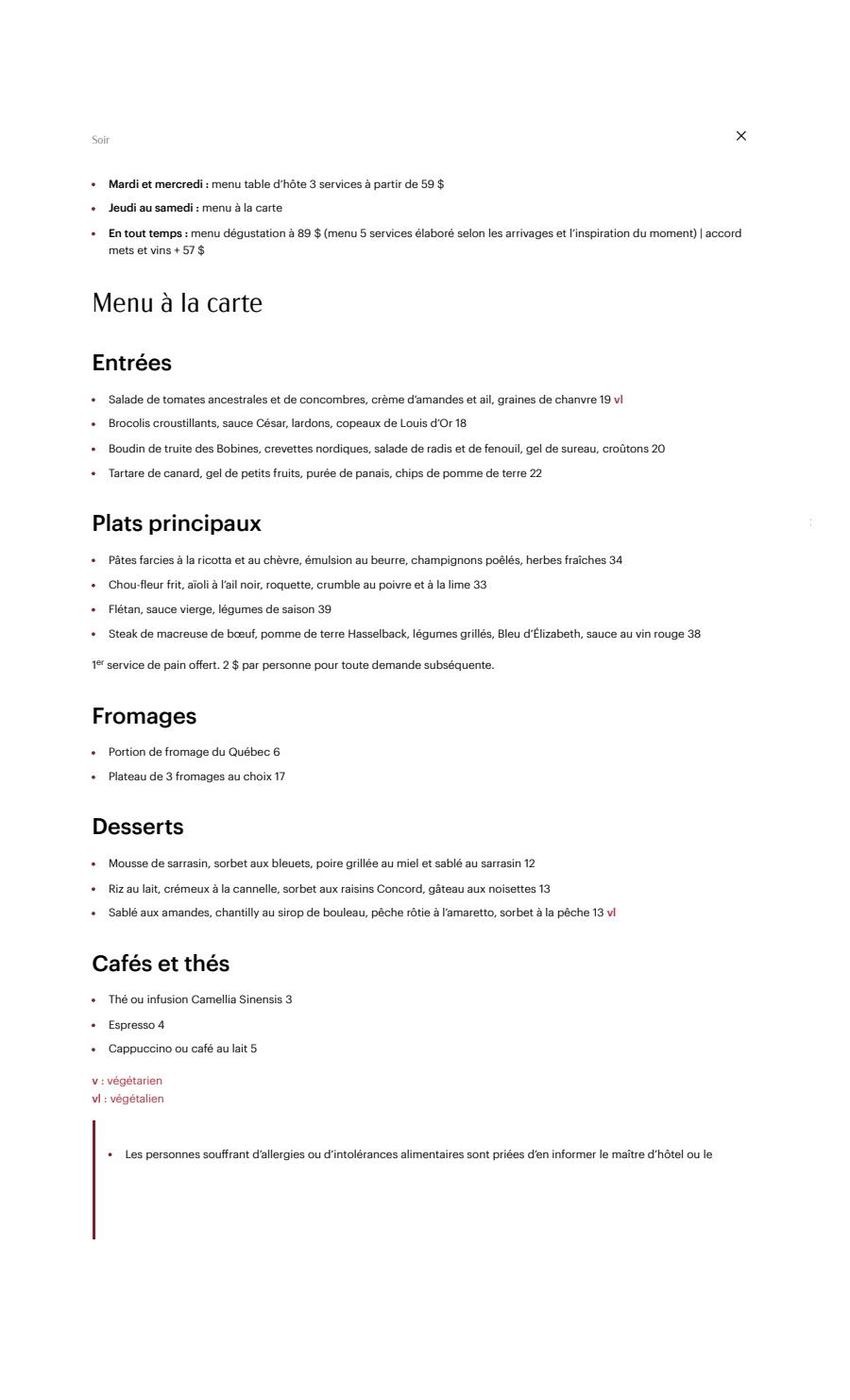 Menu soir Restaurant de l'ITHQ