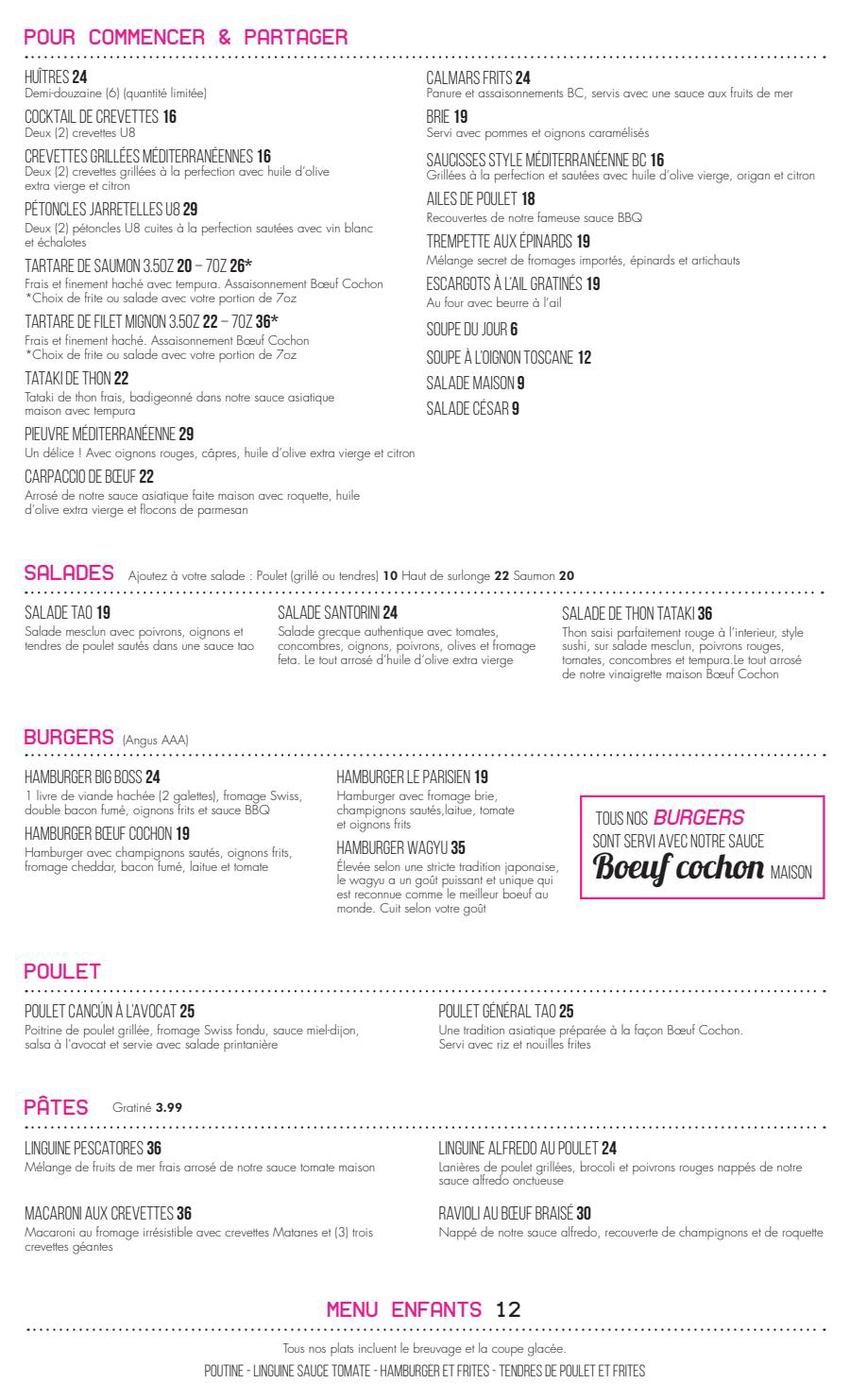 Menu Boeuf Cochon Steak + Bar (Laval)