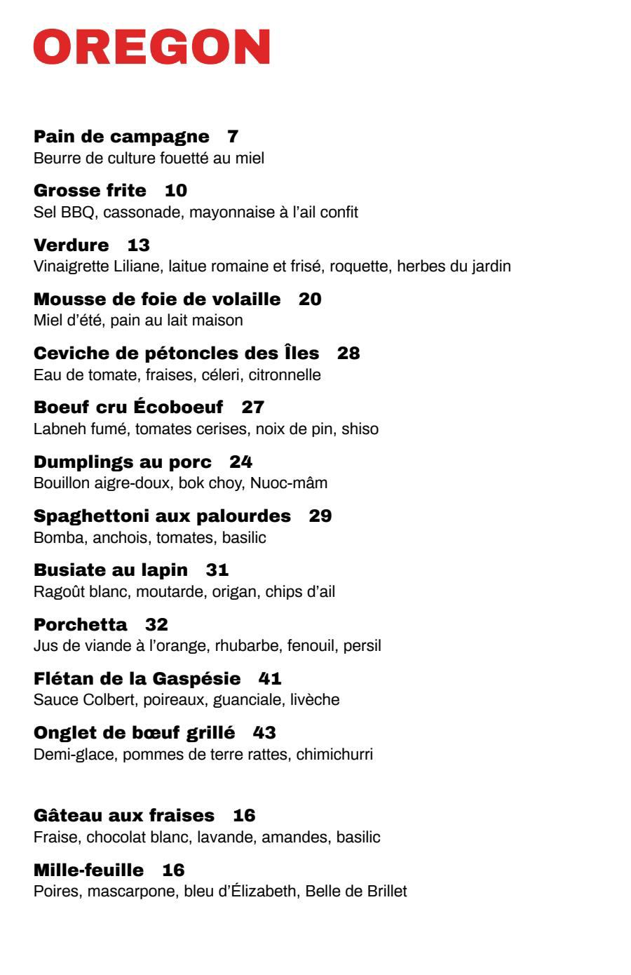 Menu Oregon Bar à vin