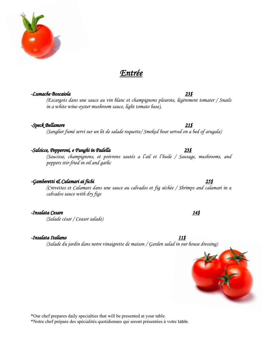 Menu Trattoria Bellamore