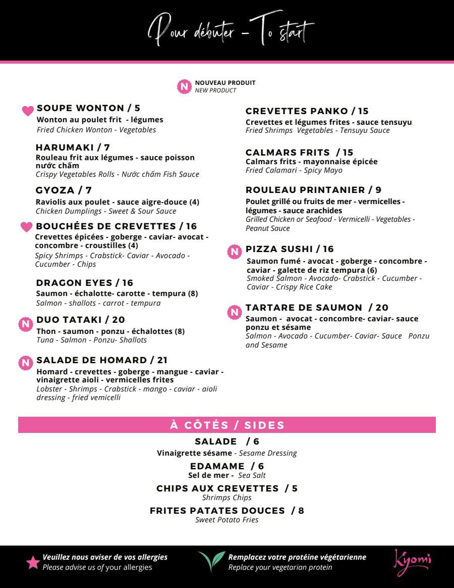 Menu soir Restaurant Kyomi