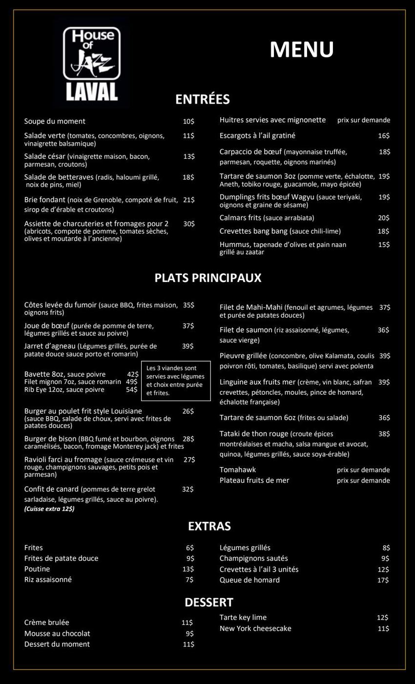 Menu House of Jazz Laval