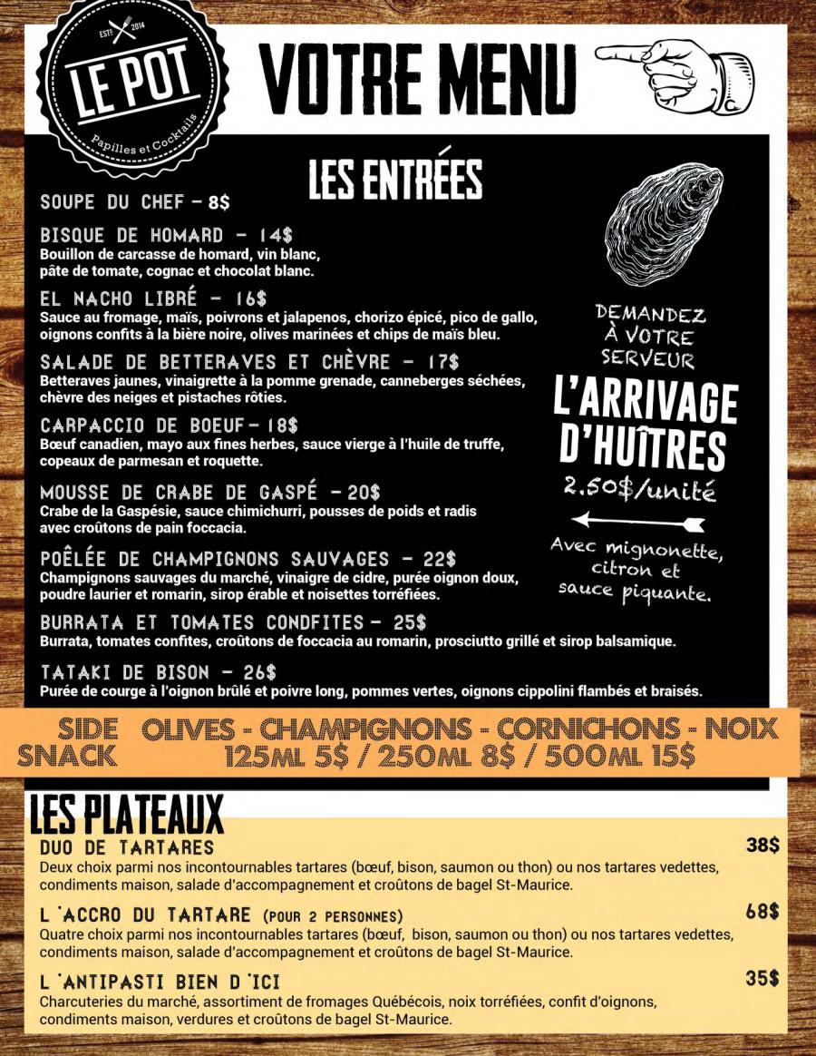 Menu Le Pot Papilles et Cocktails