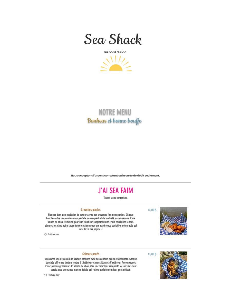 Menu Sea Shack au bord du lac