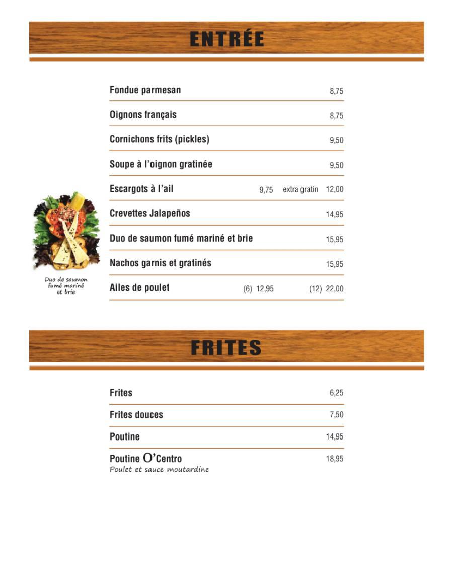 Menu O'Centro Pub & Grill