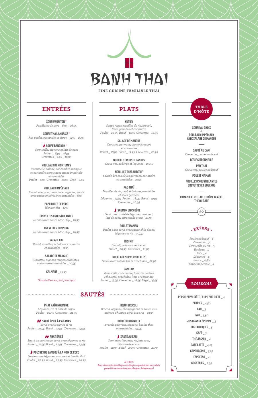 Menu Banh Thaï Restaurant