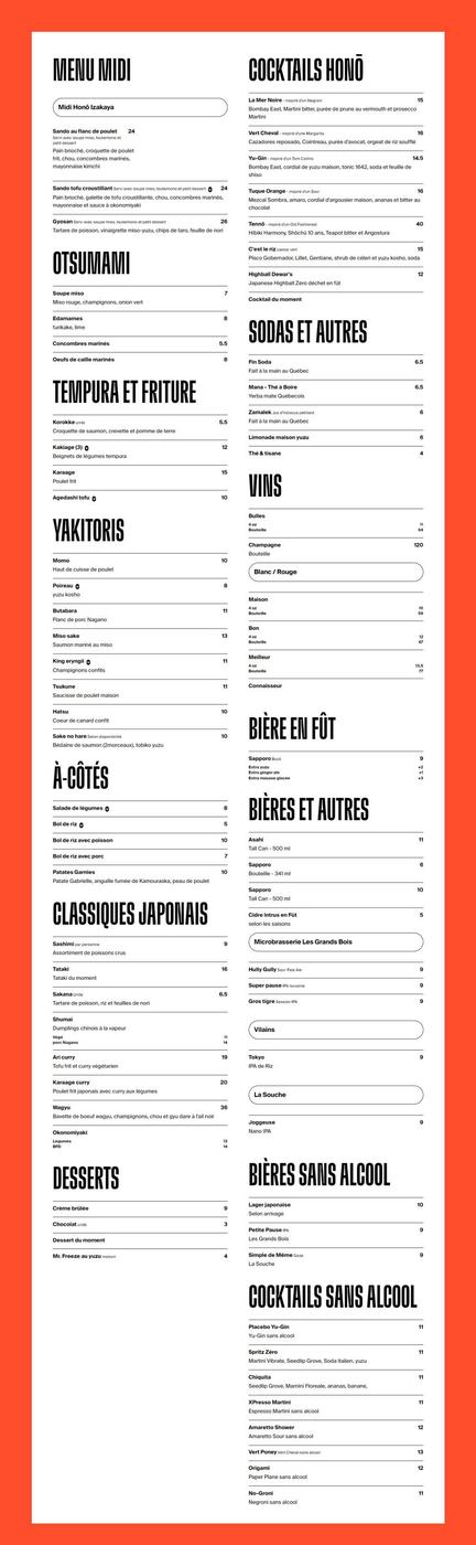 Menu Honō Izakaya