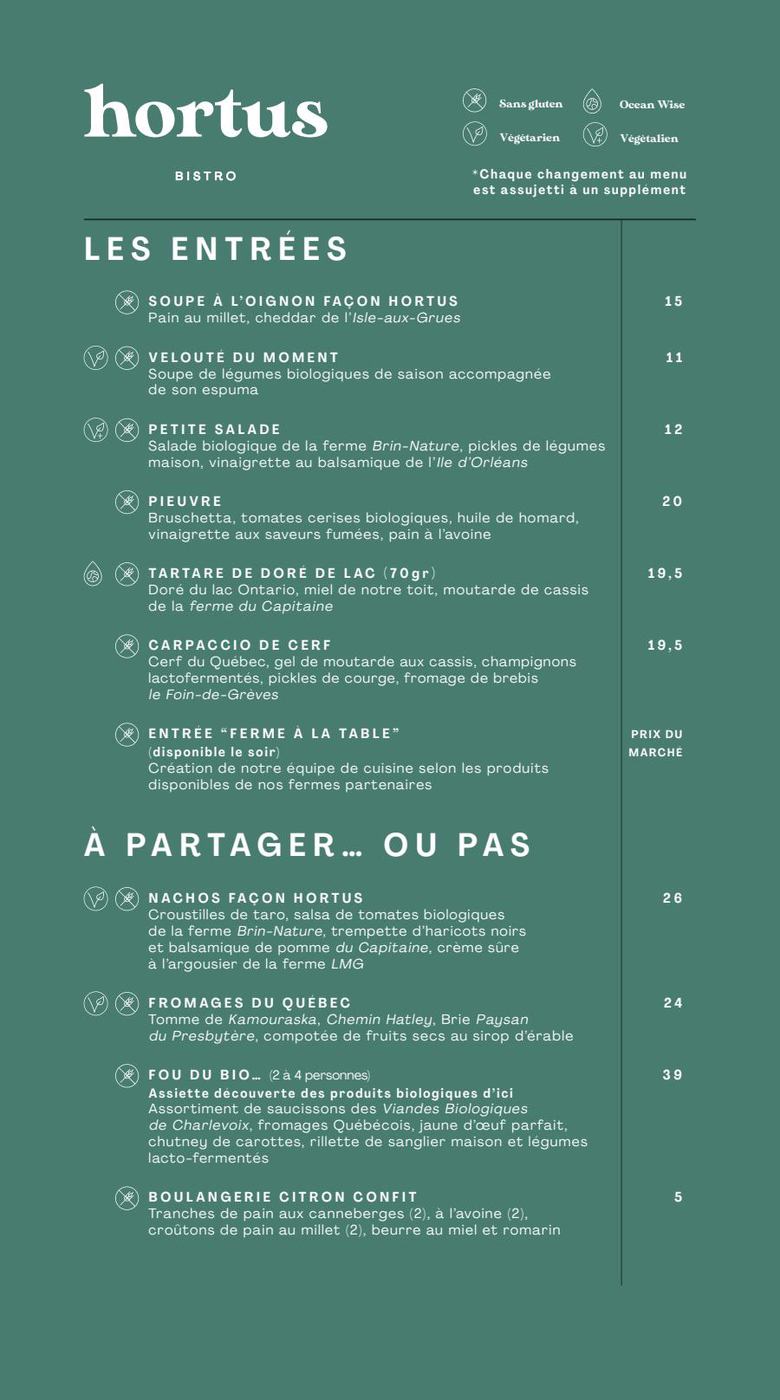 Menu soir Bistro Hortus