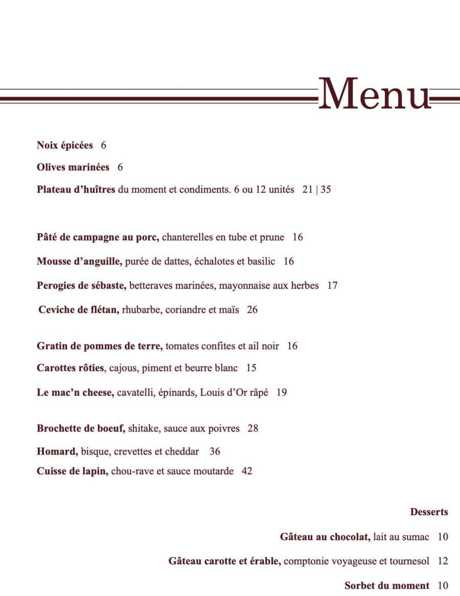 Menu Losange Restaurant