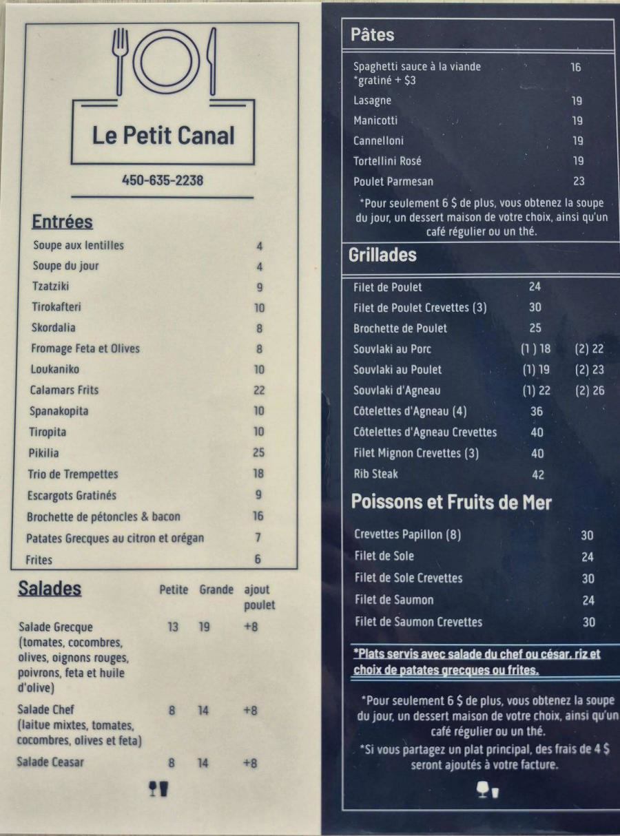 Menu Le petit canal