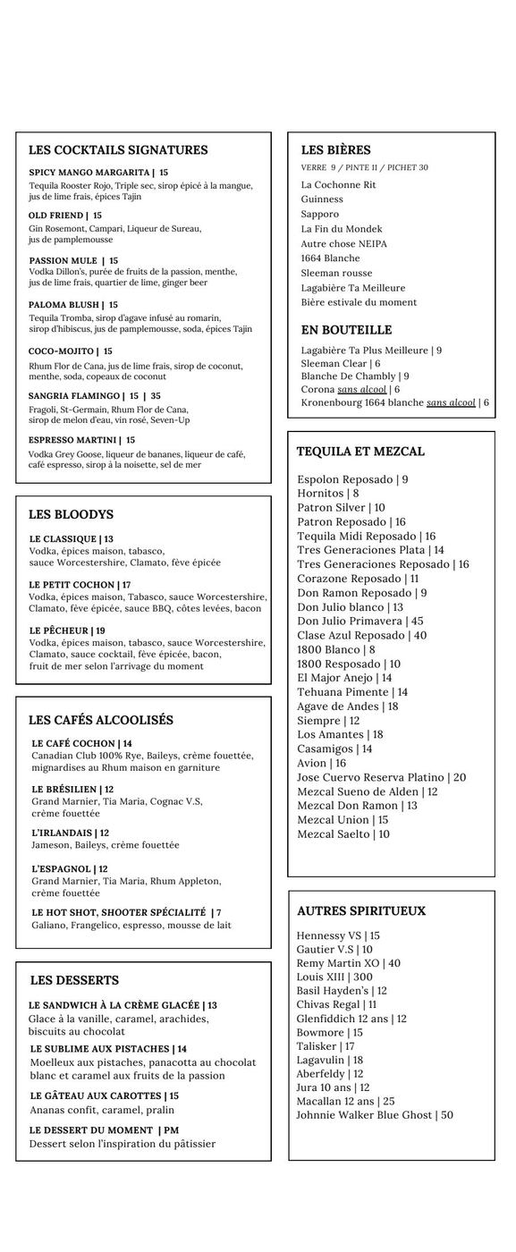 Menu La Cochonne Rit