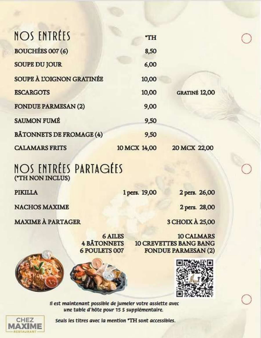 Menu Restaurant Maxime