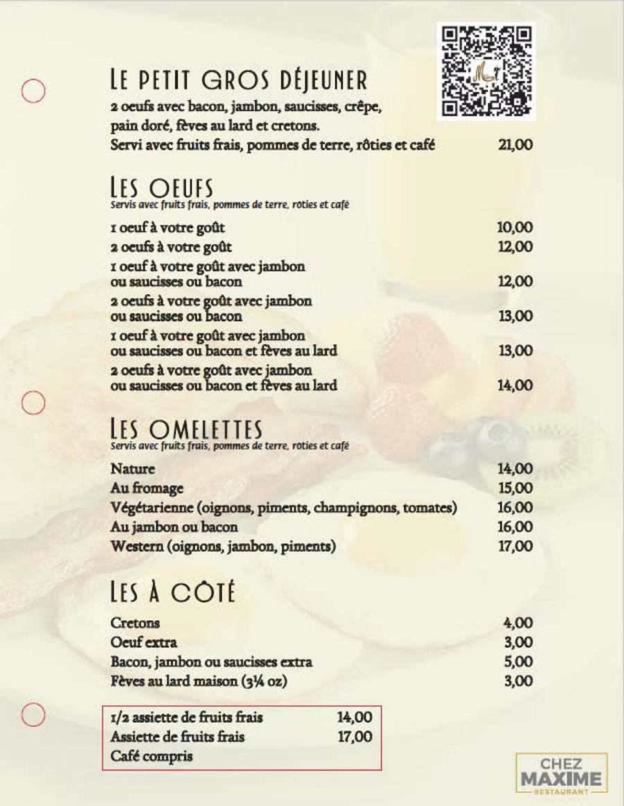Menu Déjeuner Restaurant Maxime