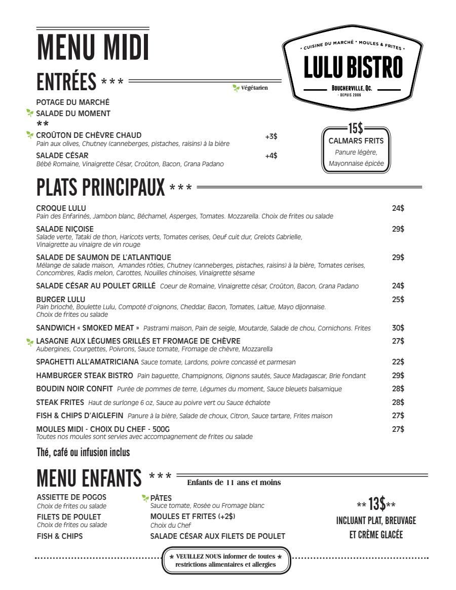 Menu Midi Lulu Bistro