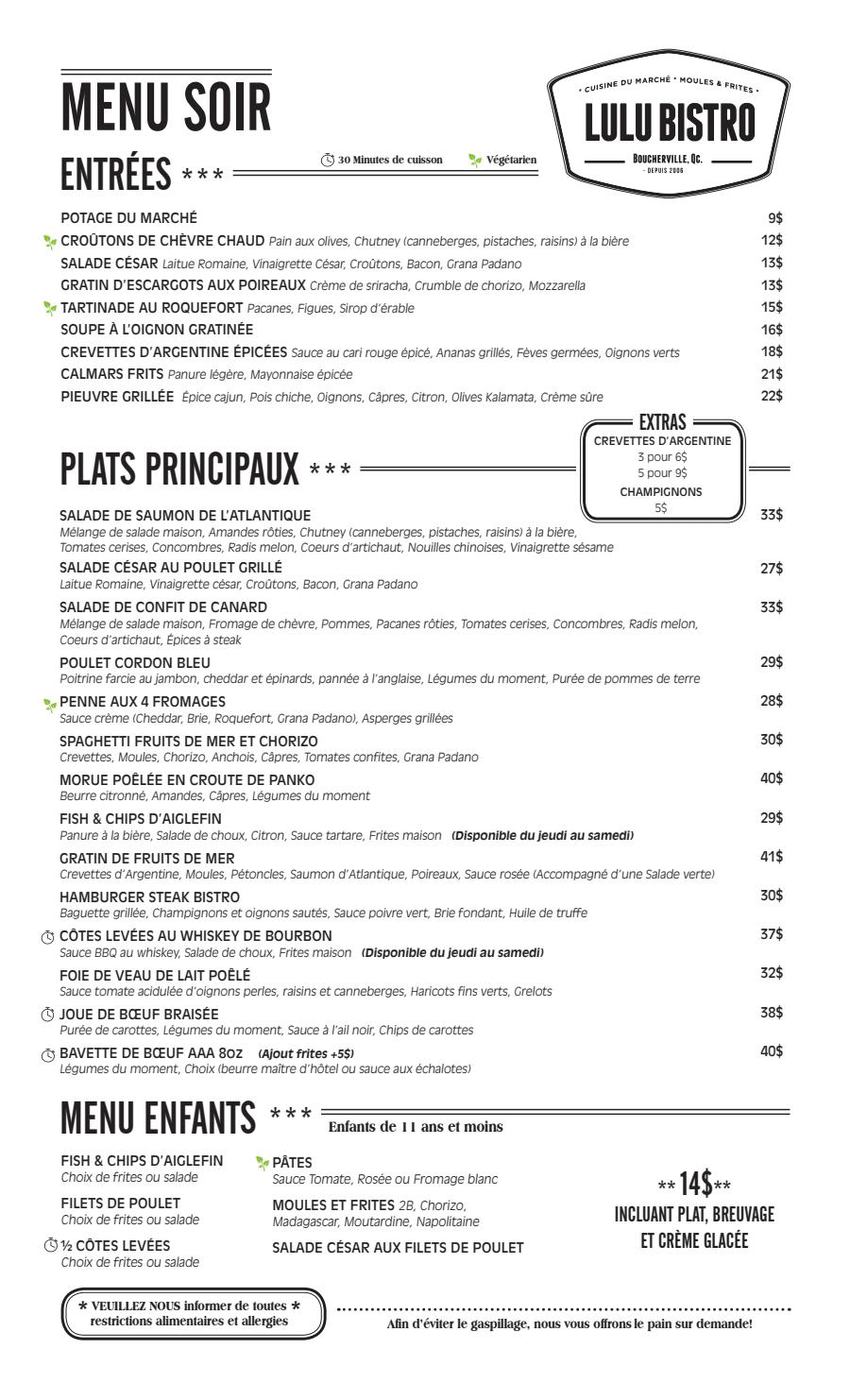 Menu Soir Lulu Bistro