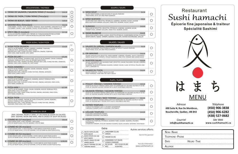 Menu Hamachi Sushi