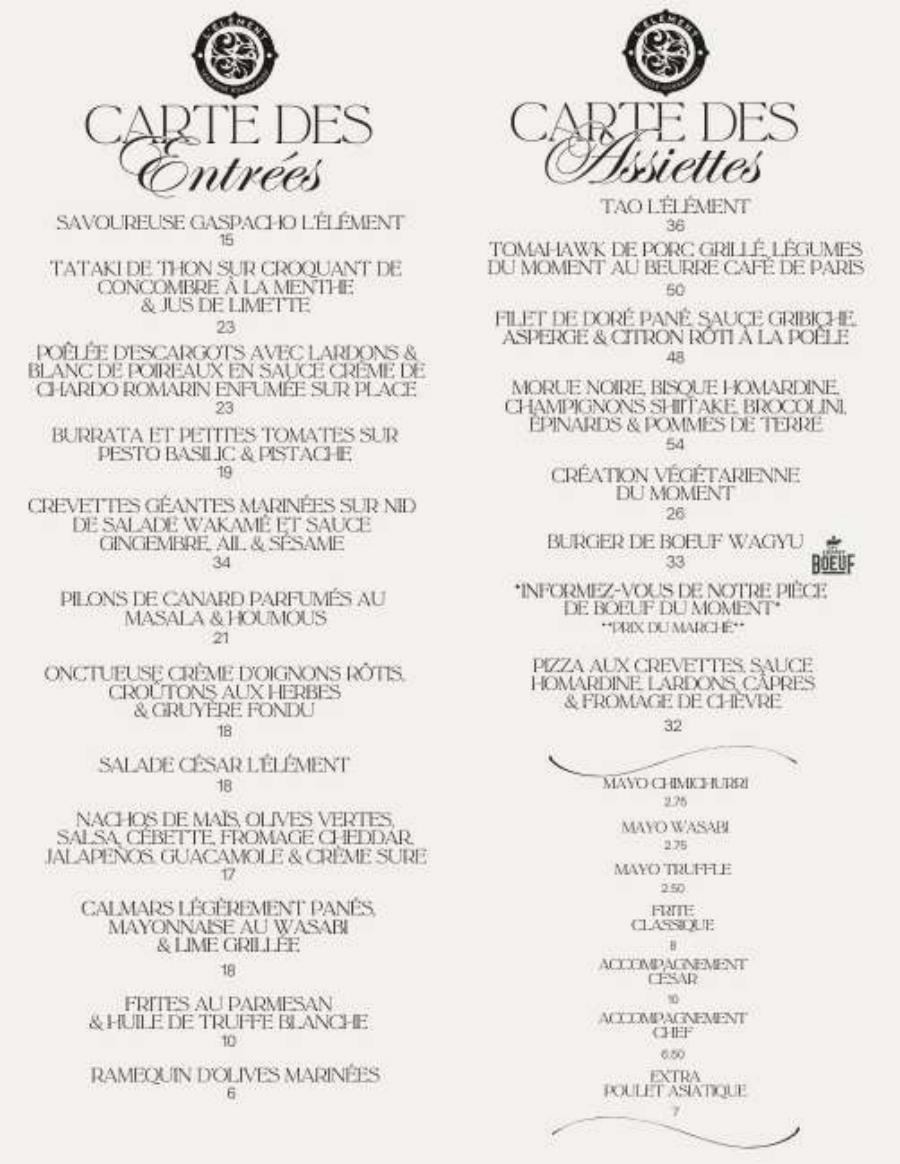 Menu L’Élément Terrasse Gourmande